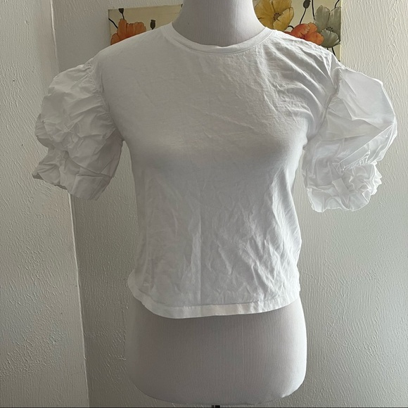 Joie White Bee Short Double Puff-Sleeve Cropped Pullover Top Sz XXS - Picture 1 of 7